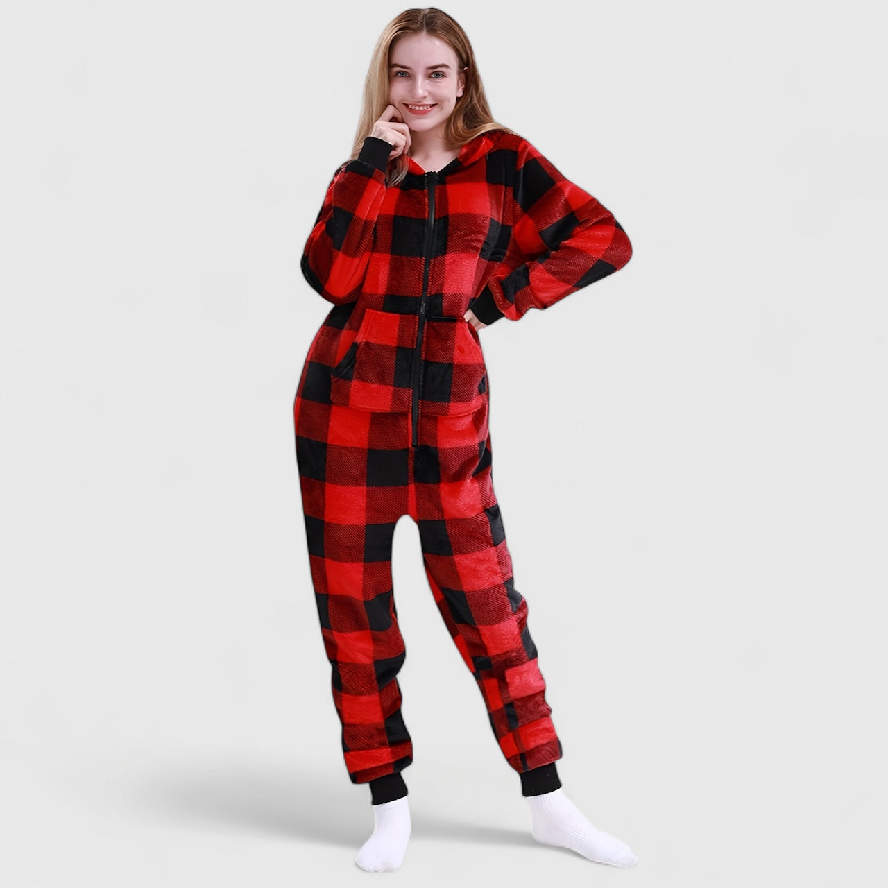 Combinaison pyjama femme rétro à carreaux en velours