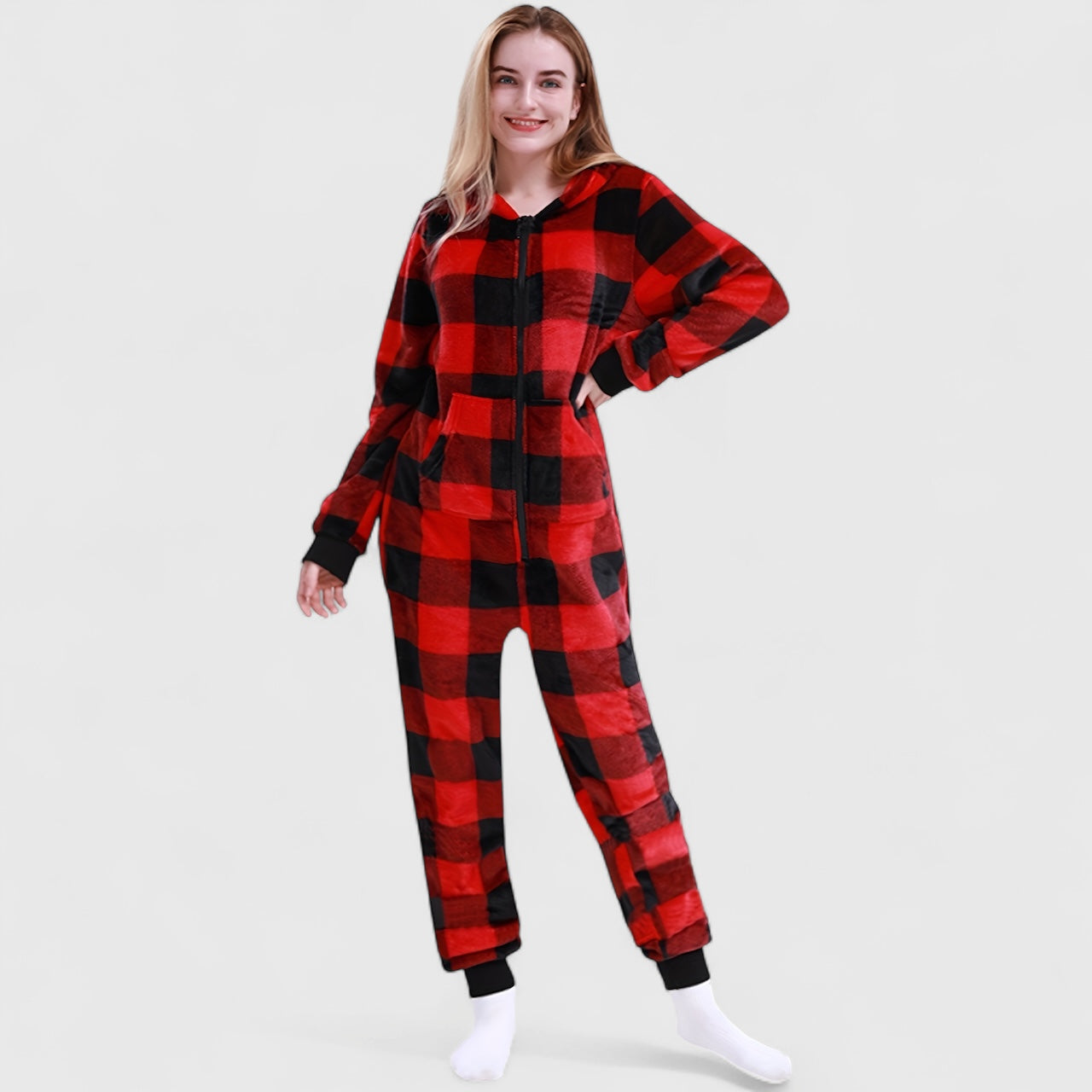Combinaison pyjama femme rétro à carreaux en velours