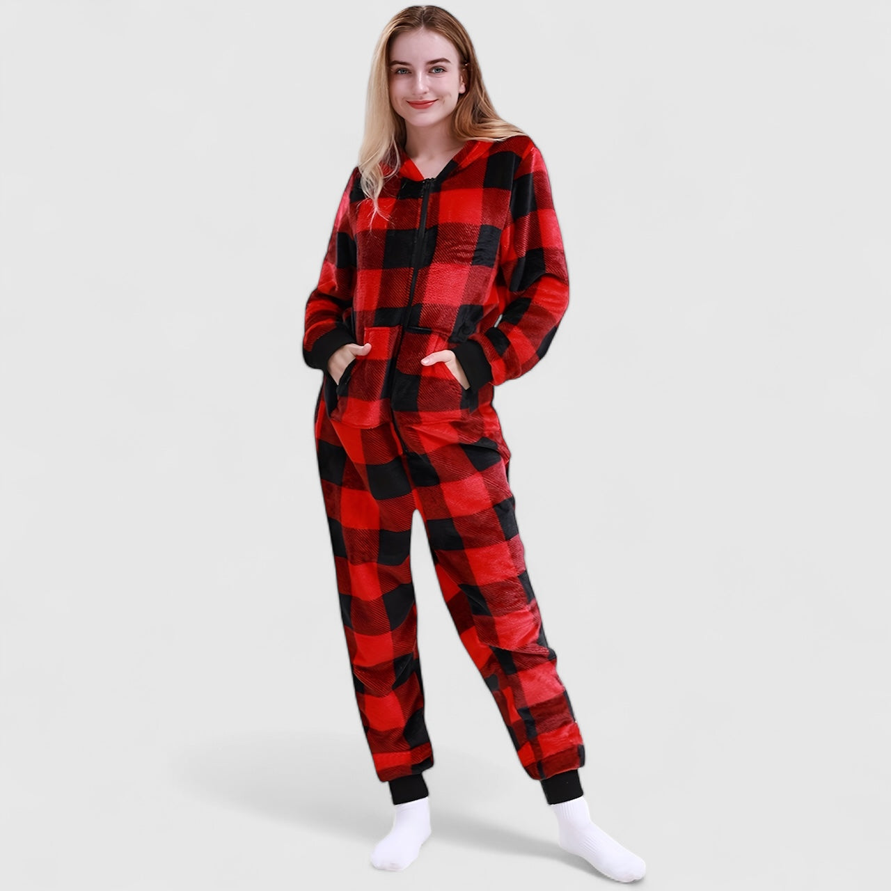Combinaison pyjama femme rétro à carreaux en velours
