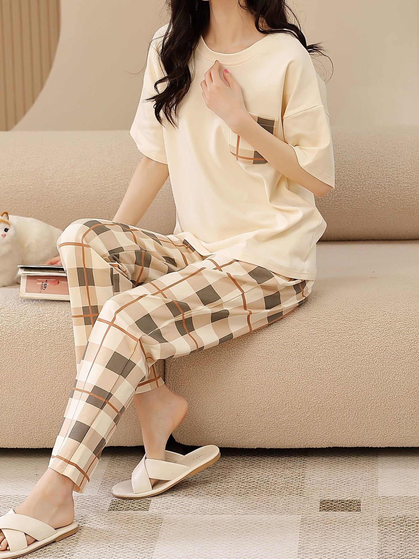 Pyjama femme en coton à carreaux avec manches courtes