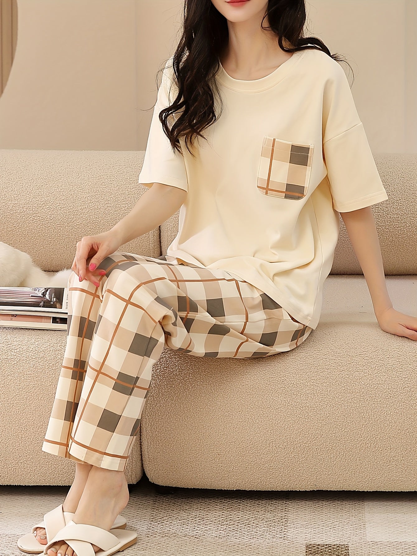 Pyjama femme en coton à carreaux avec manches courtes