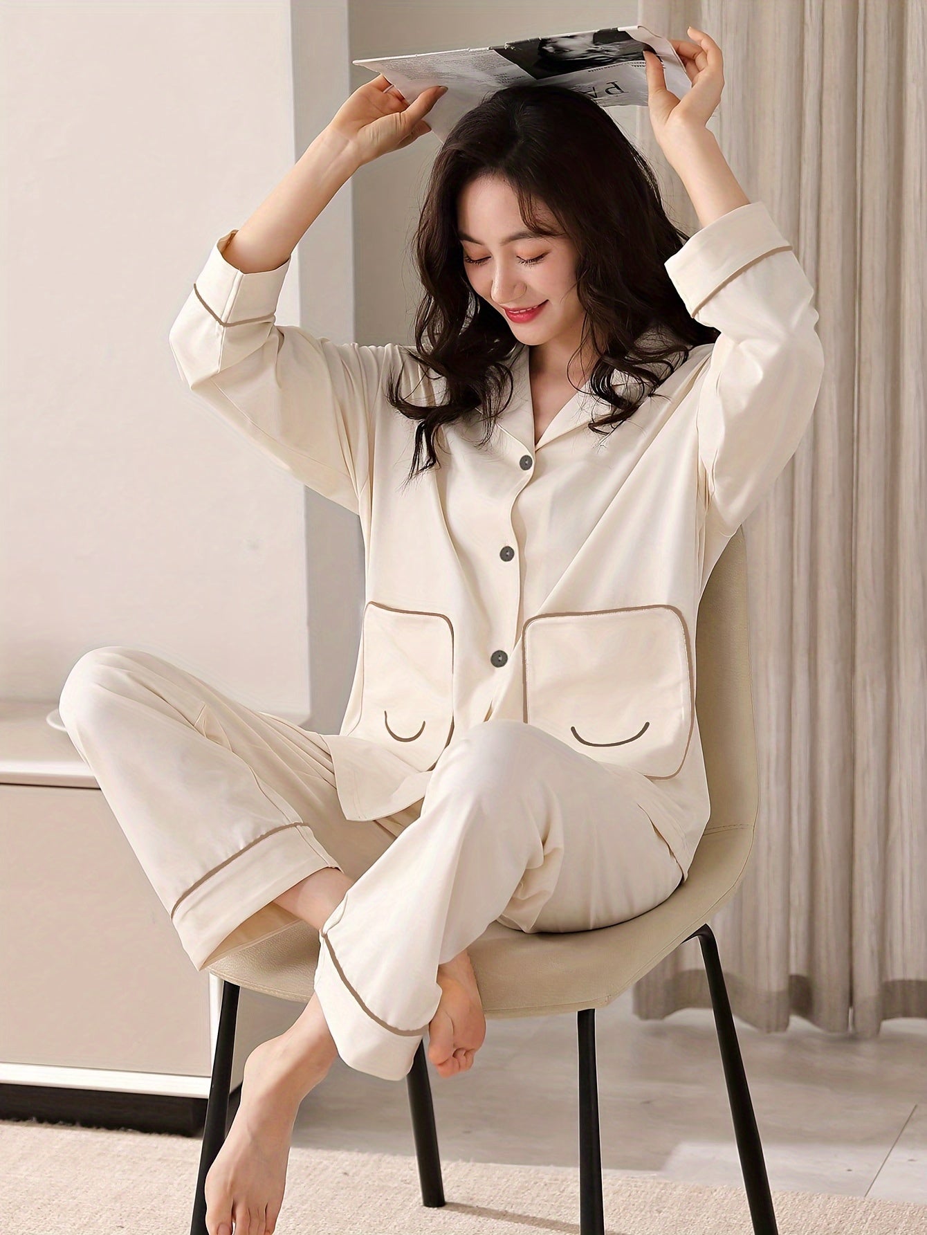 Pyjama femme en coton à rayures avec chemise manches longues