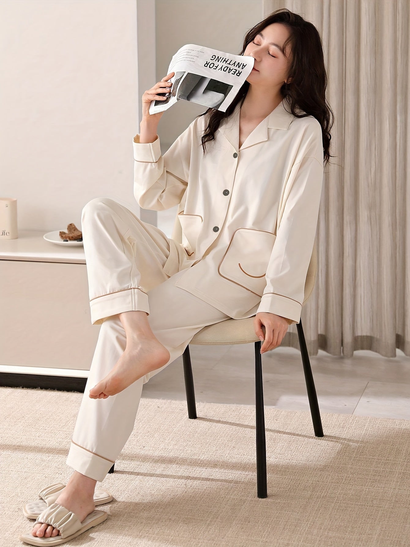 Pyjama femme en coton à rayures avec chemise manches longues