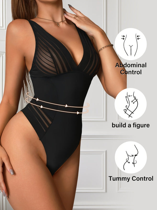Body gainant sculptant noir effet ventre plat avec décolleté en V