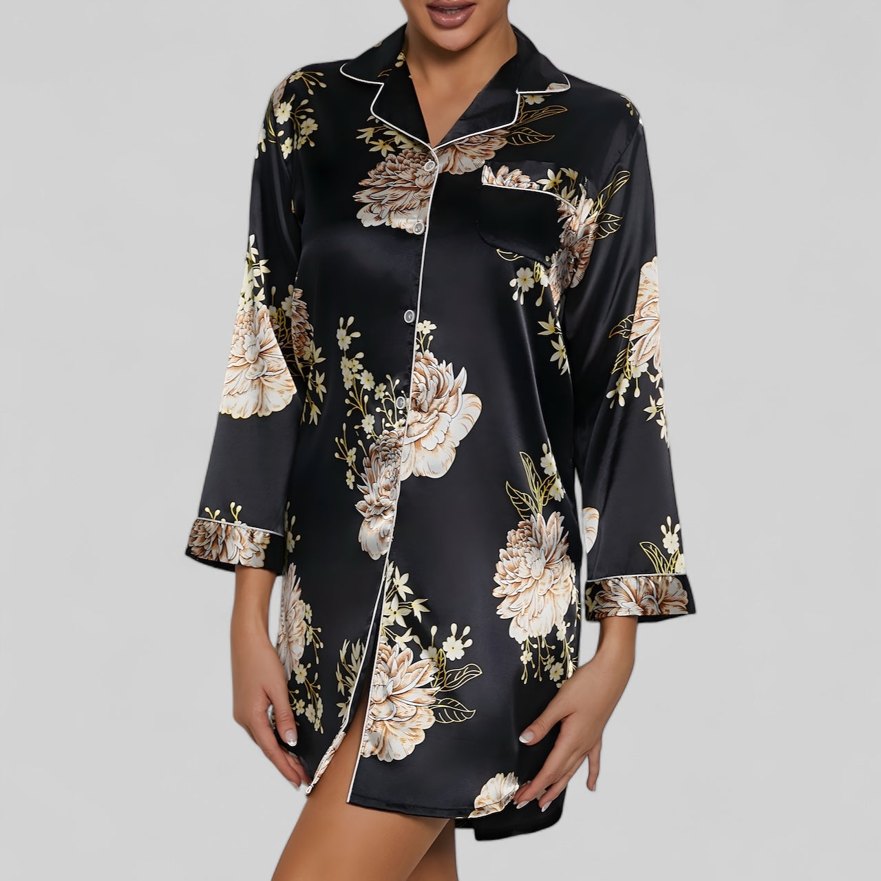 Chemise de nuit femme satin noire imprimée fleurs élégantes