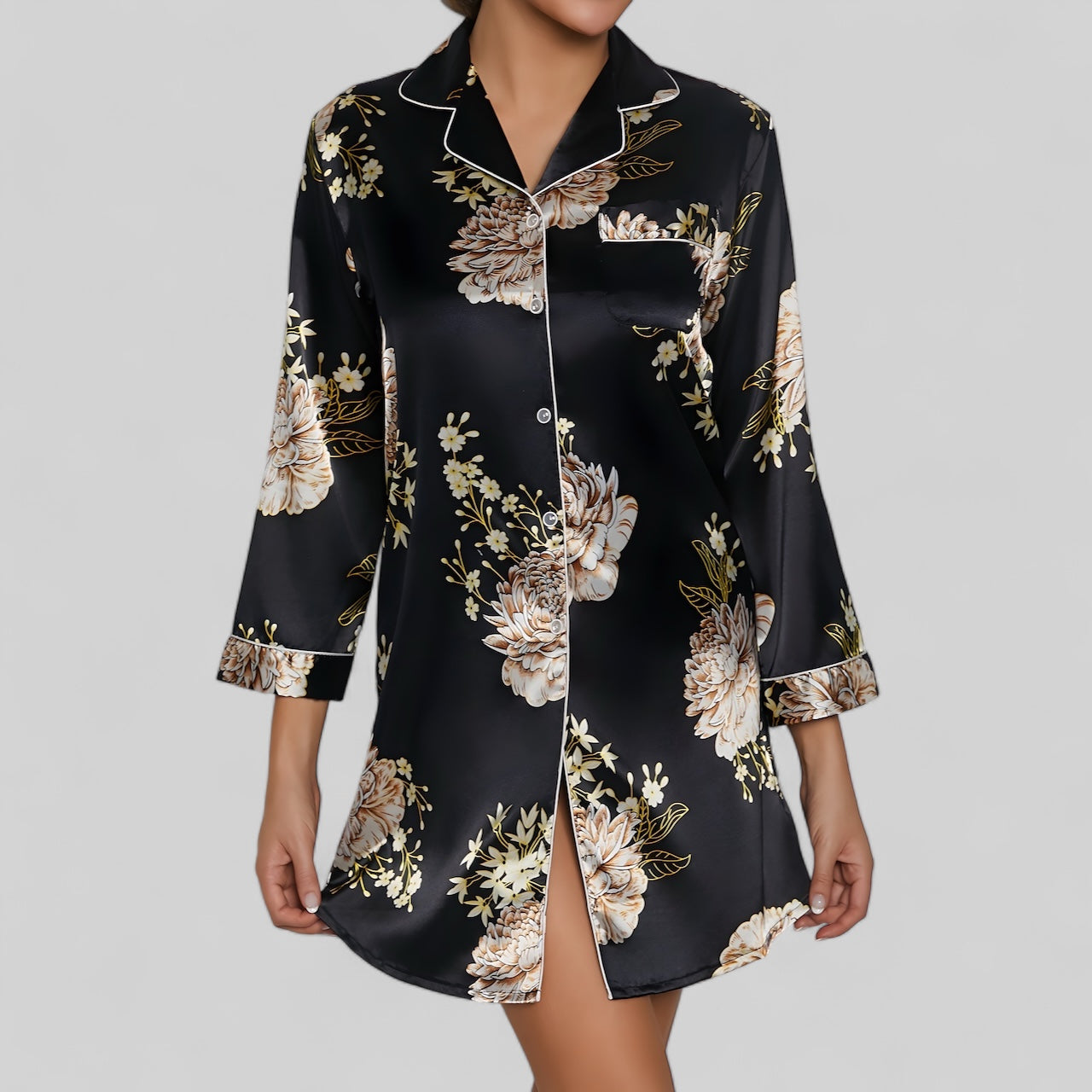 Chemise de nuit femme satin noire imprimée fleurs élégantes