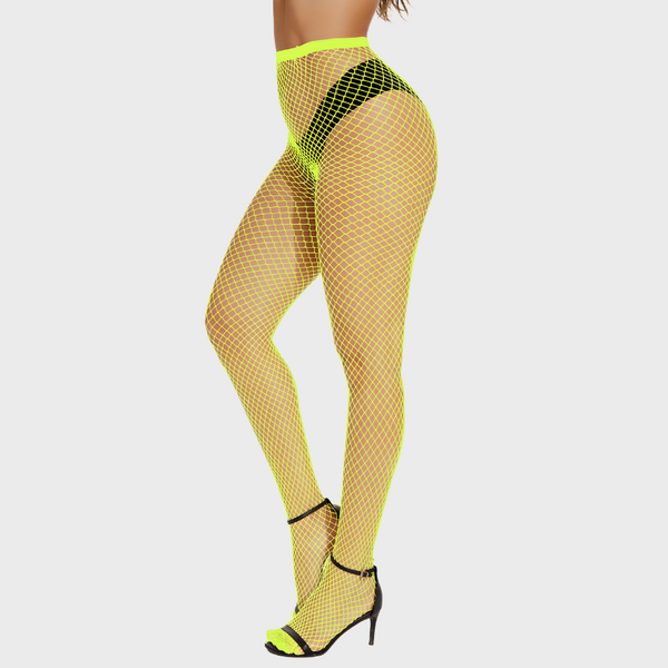 Collants résille néon jaune - Bas fantaisie à mailles moyennes taille haute pour Femme