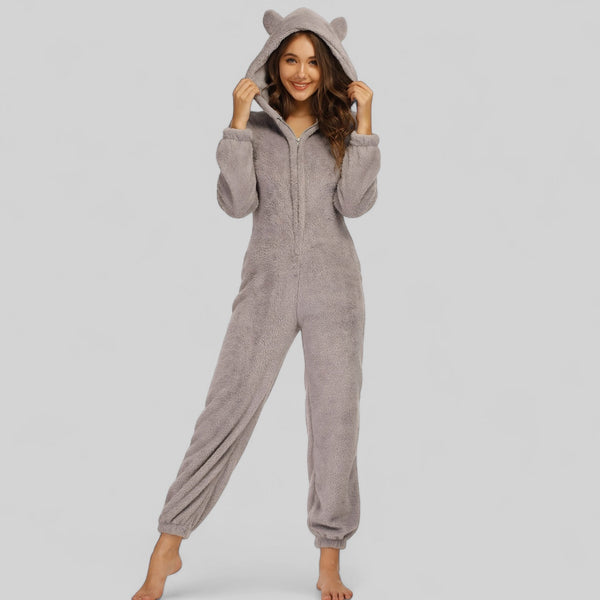 Combinaison pyjama femme en polaire avec capuche zippée