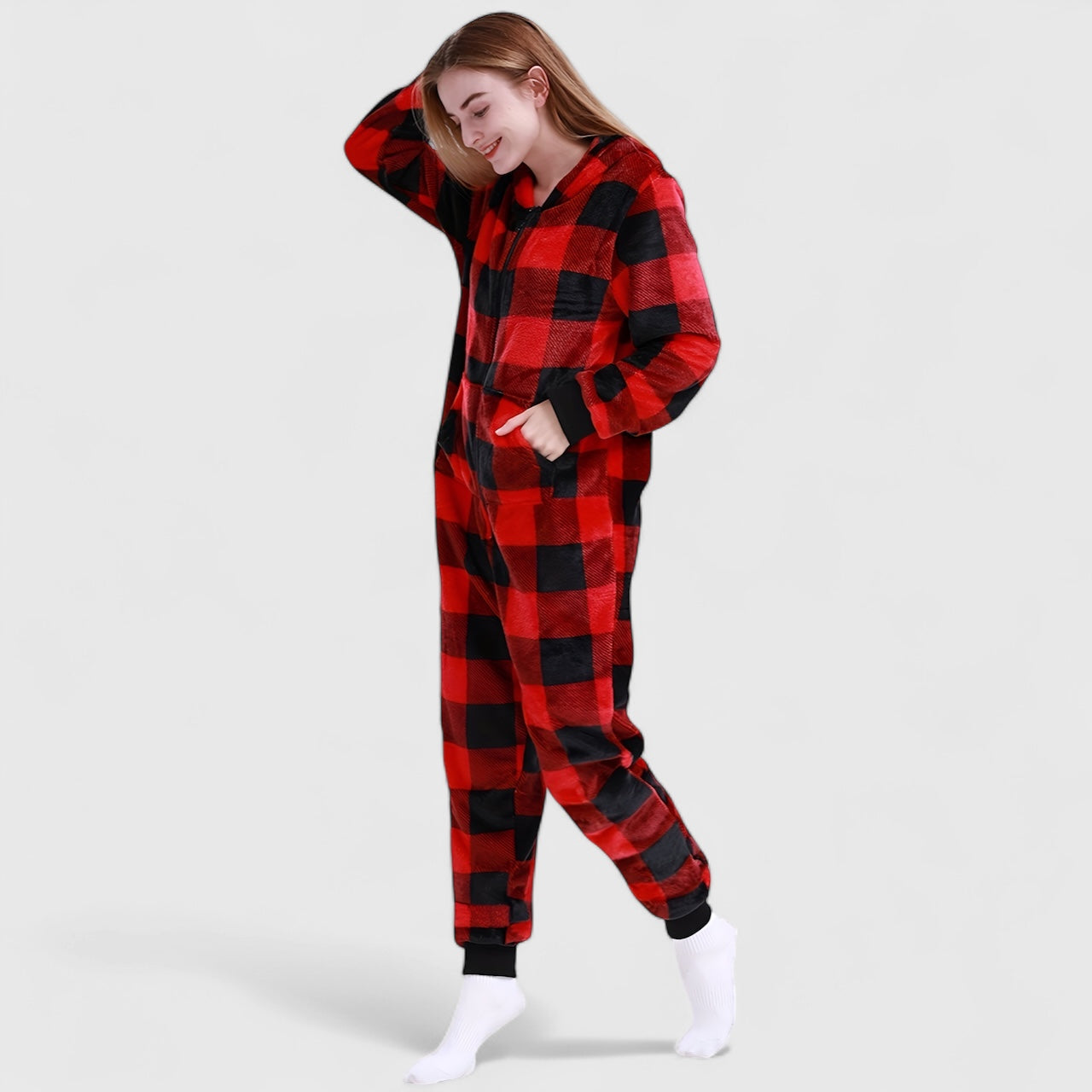 Combinaison pyjama femme rétro à carreaux en velours