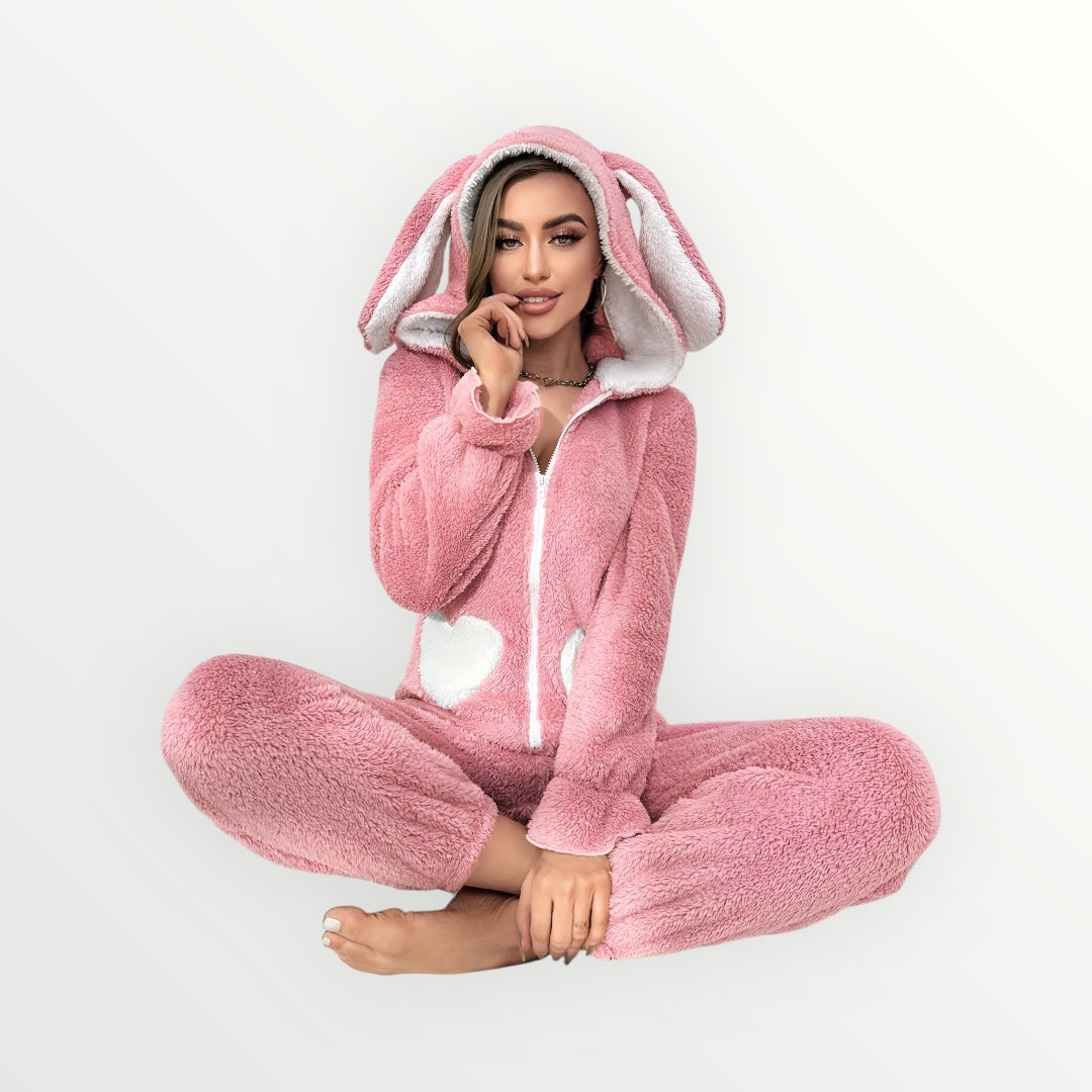 Combinaison pyjama femme rose à capuche style lapin