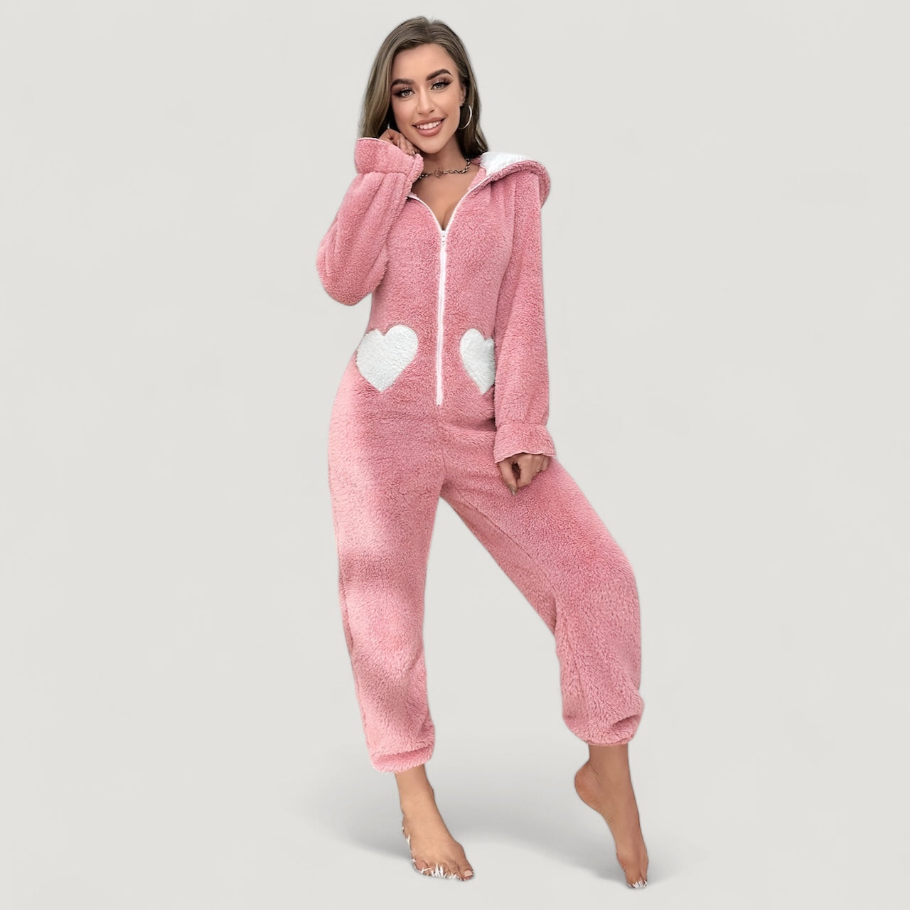 Combinaison pyjama femme rose à capuche style lapin