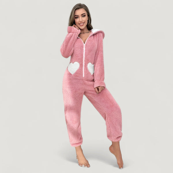 Combinaison pyjama femme rose à capuche style lapin avec cœurs