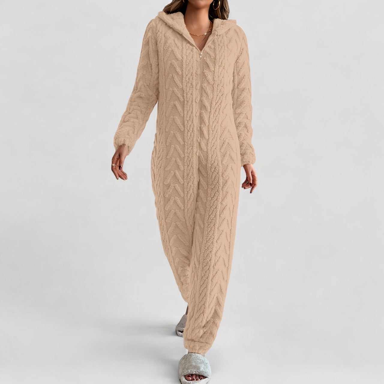 Combinaison pyjama texturée zippée à capuche - Beige / S