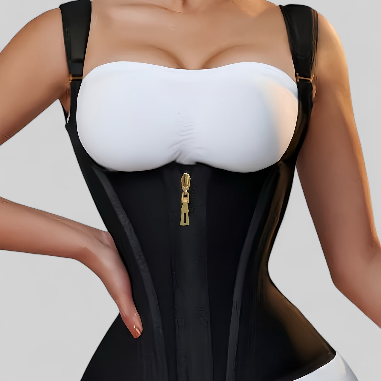 Corset sculptant noir avec fermeture éclair dorée