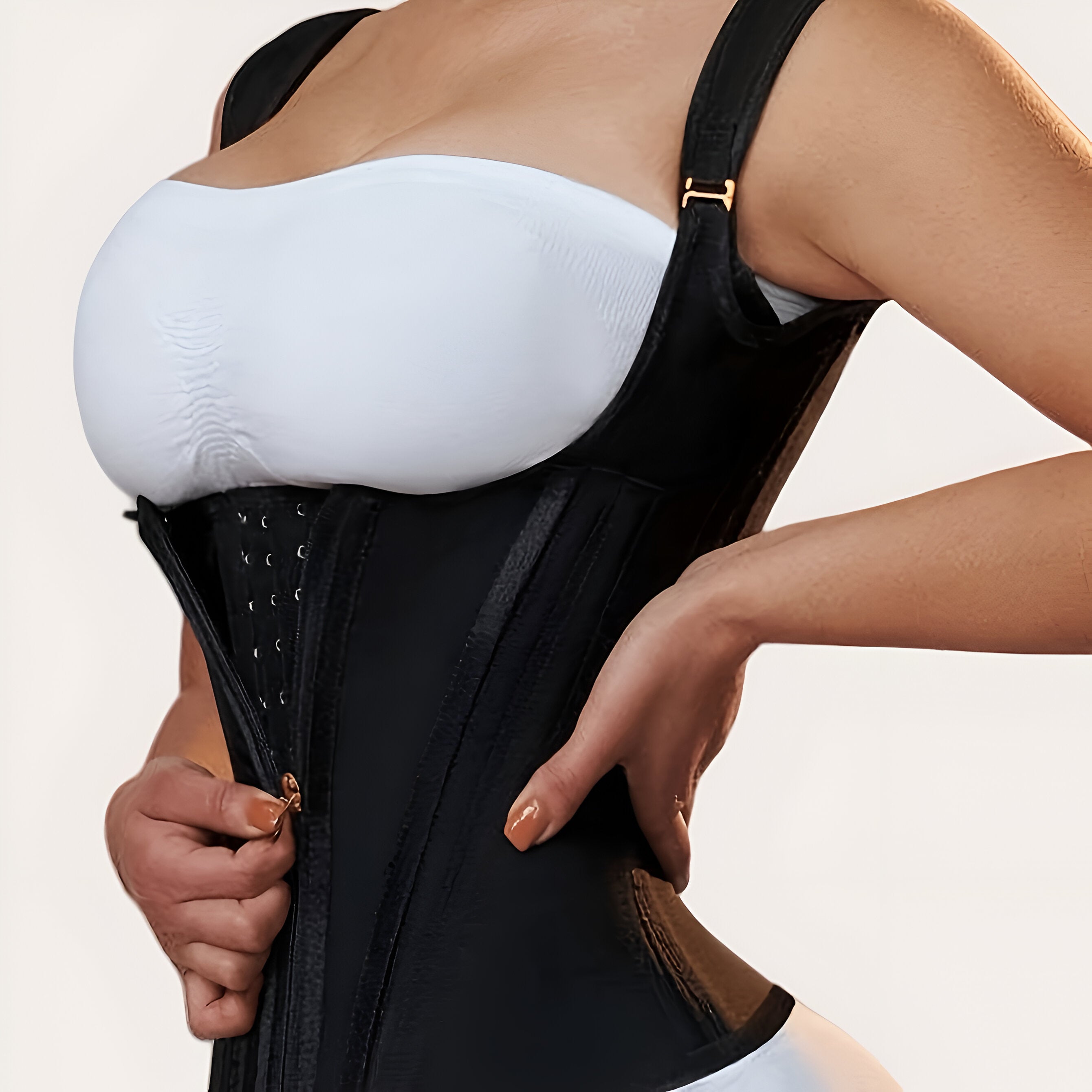 Corset sculptant noir avec fermeture éclair dorée