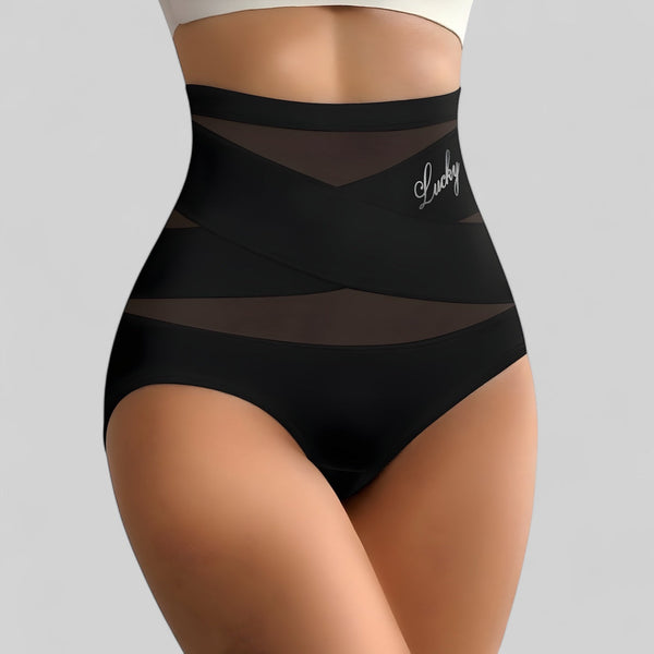 Culotte gainante haute femme noire sculptante avec détails en maille