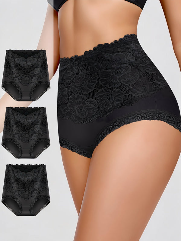 Lot de 3 culottes gainantes en coton taille haute en dentelle noire pour femme