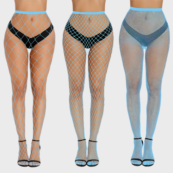 Pack de 3 collants résille bleu pastel - Mailles fines, moyennes et larges taille haute