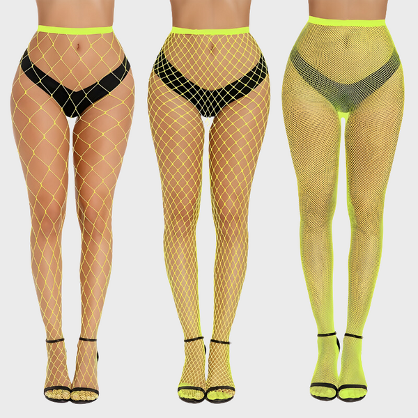 Pack de 3 collants résille jaune fluo - Mailles fines, moyennes et larges taille haute