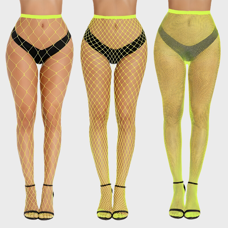 Pack de 3 collants résille jaune fluo - Mailles fines