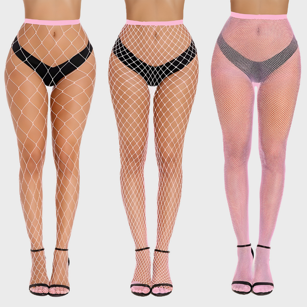 Pack de 3 collants résille rose corail - Mailles fines, moyennes et larges taille haute