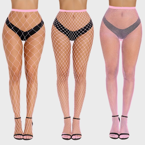 Pack de 3 collants résille rose - Mailles fines, moyennes et larges taille haute