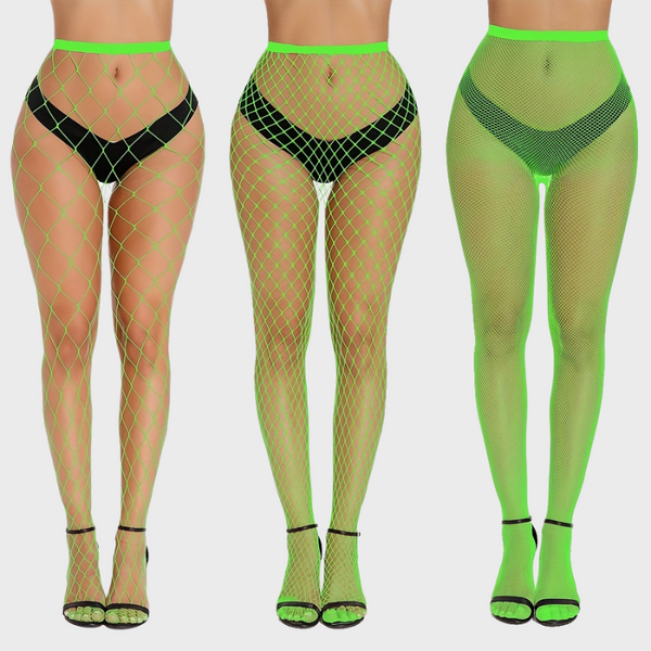Pack de 3 collants résille vert fluo - Mailles fines, moyennes et larges taille haute
