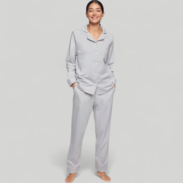 Pyjama femme en coton 100% style vintage – Manches longues, col à revers et broderie élégante