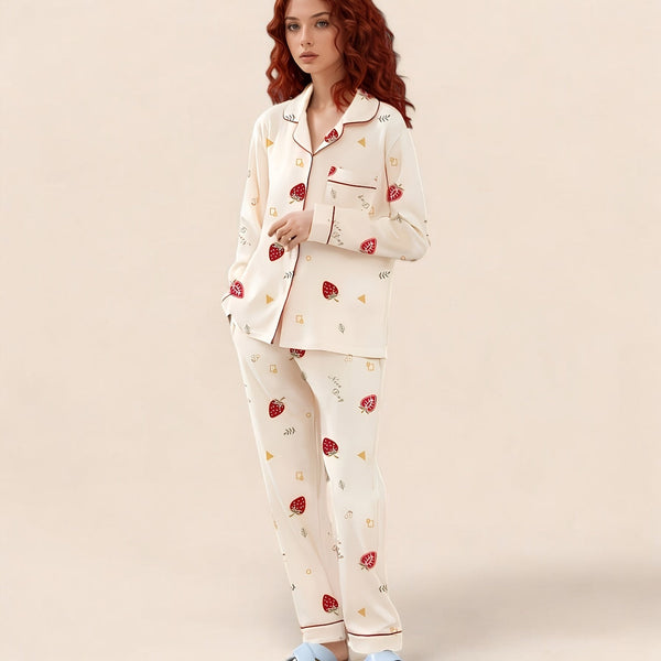 Pyjama femme en coton imprimé fraises – Ensemble cardigan à manches longues avec pantalon taille élastique