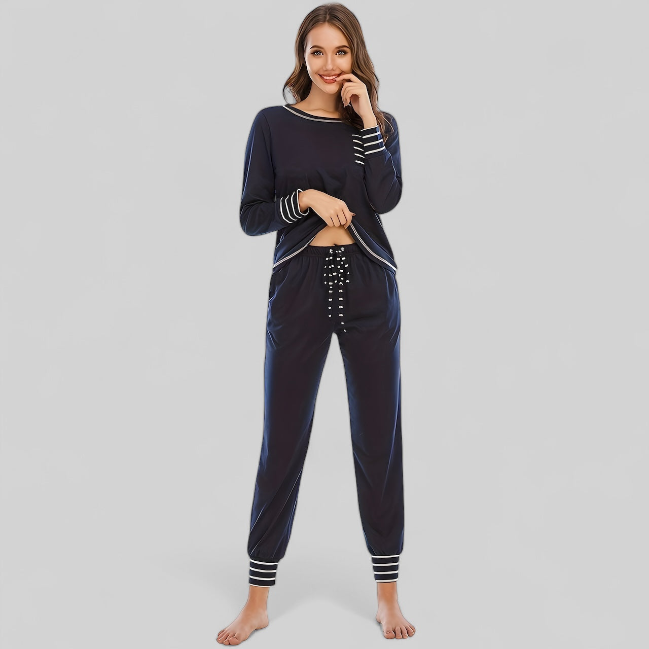 Pyjama bleu marine en coton pour femme avec manches longues