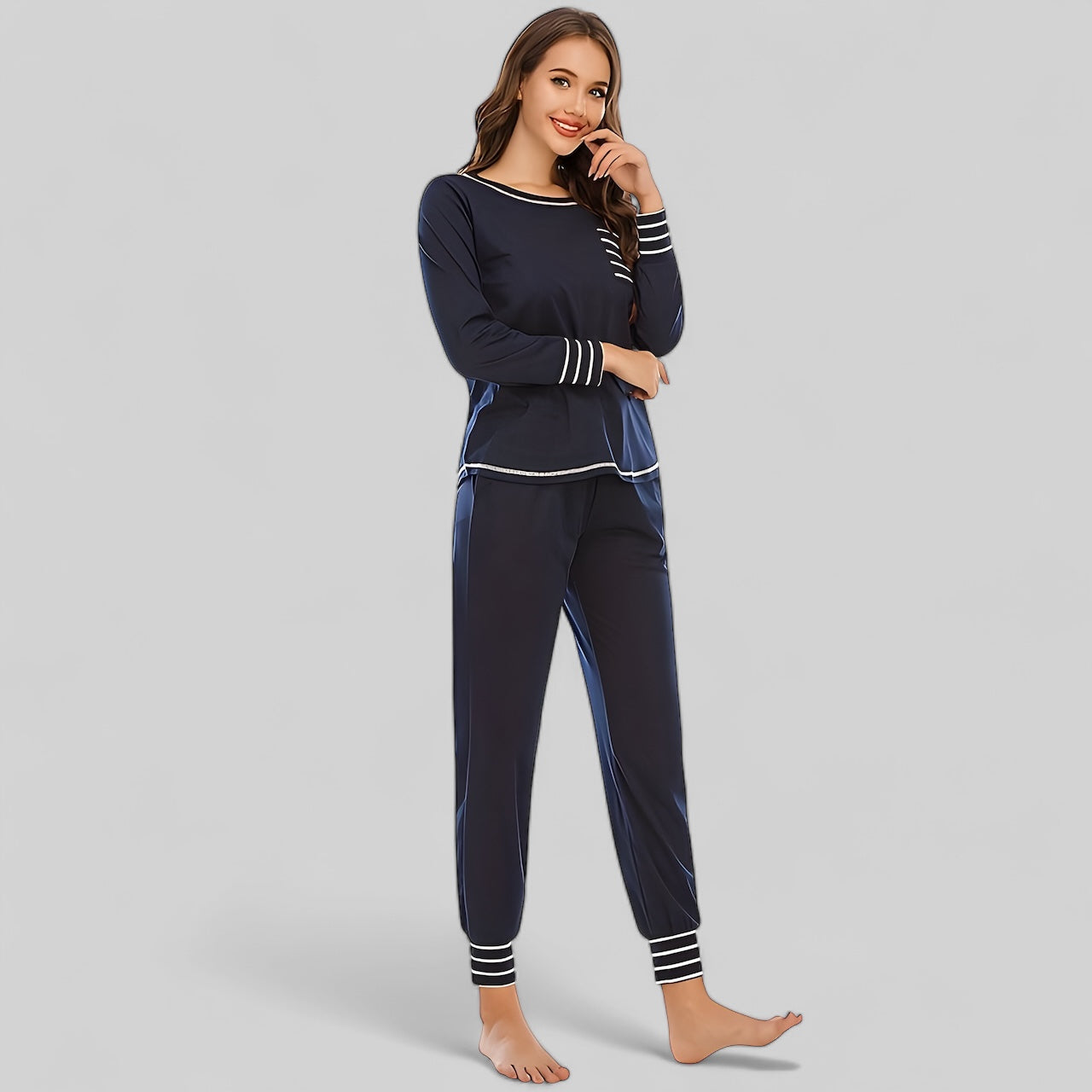 Pyjama bleu marine en coton pour femme avec manches longues