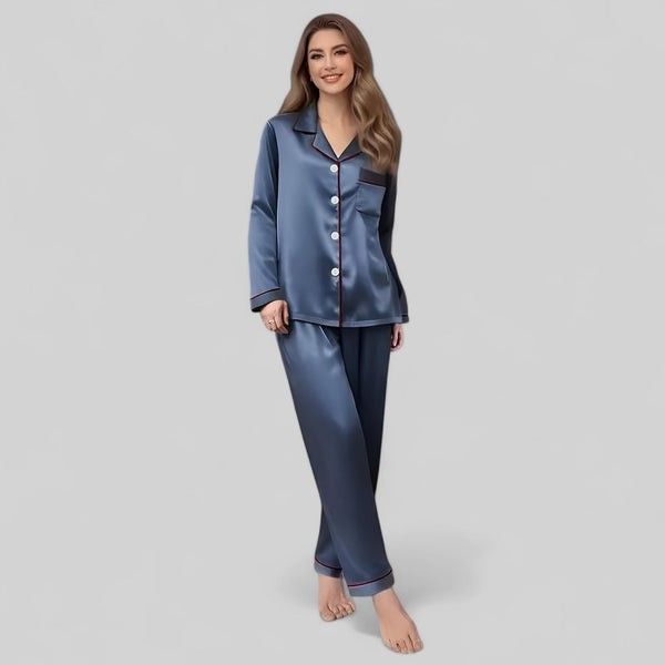 Pyjama chemise de nuit en satin bleu – Ensemble élégant à col revers pour femme