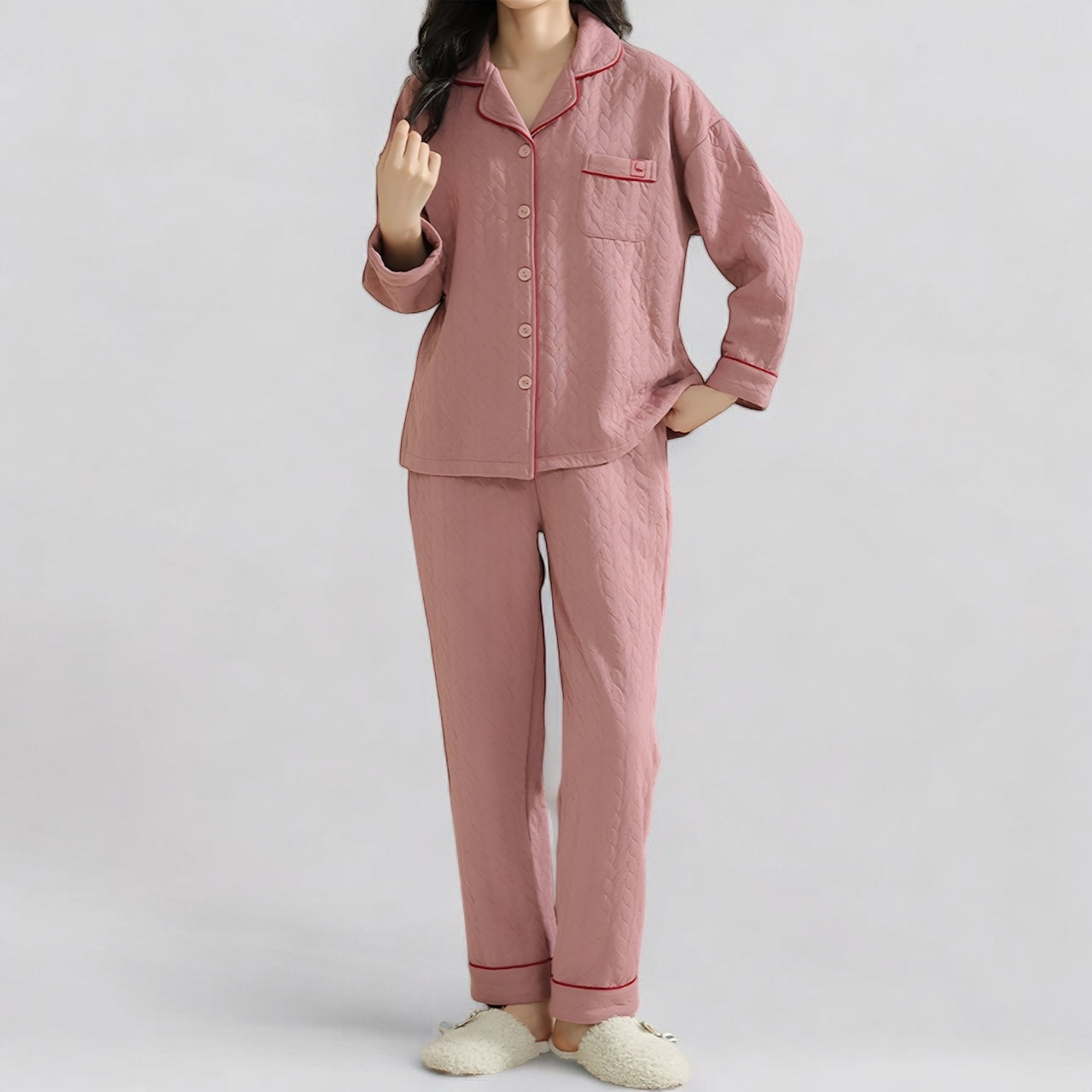 Pyjama femme en coton 100% rose avec col – Ensemble