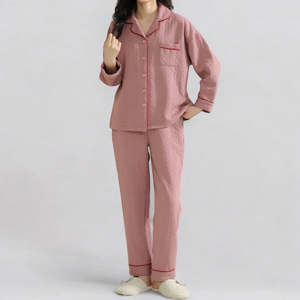 Pyjama femme en coton 100% rose avec col – Ensemble manches longues