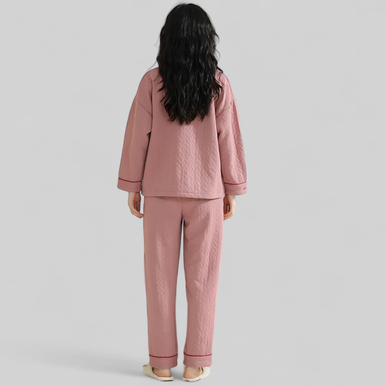 Pyjama femme en coton 100% rose avec col – Ensemble