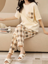 Pyjama femme en coton à carreaux avec manches courtes