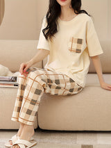 Pyjama femme en coton à carreaux avec manches courtes