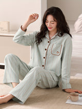 Pyjama femme en coton à rayures avec chemise manches longues