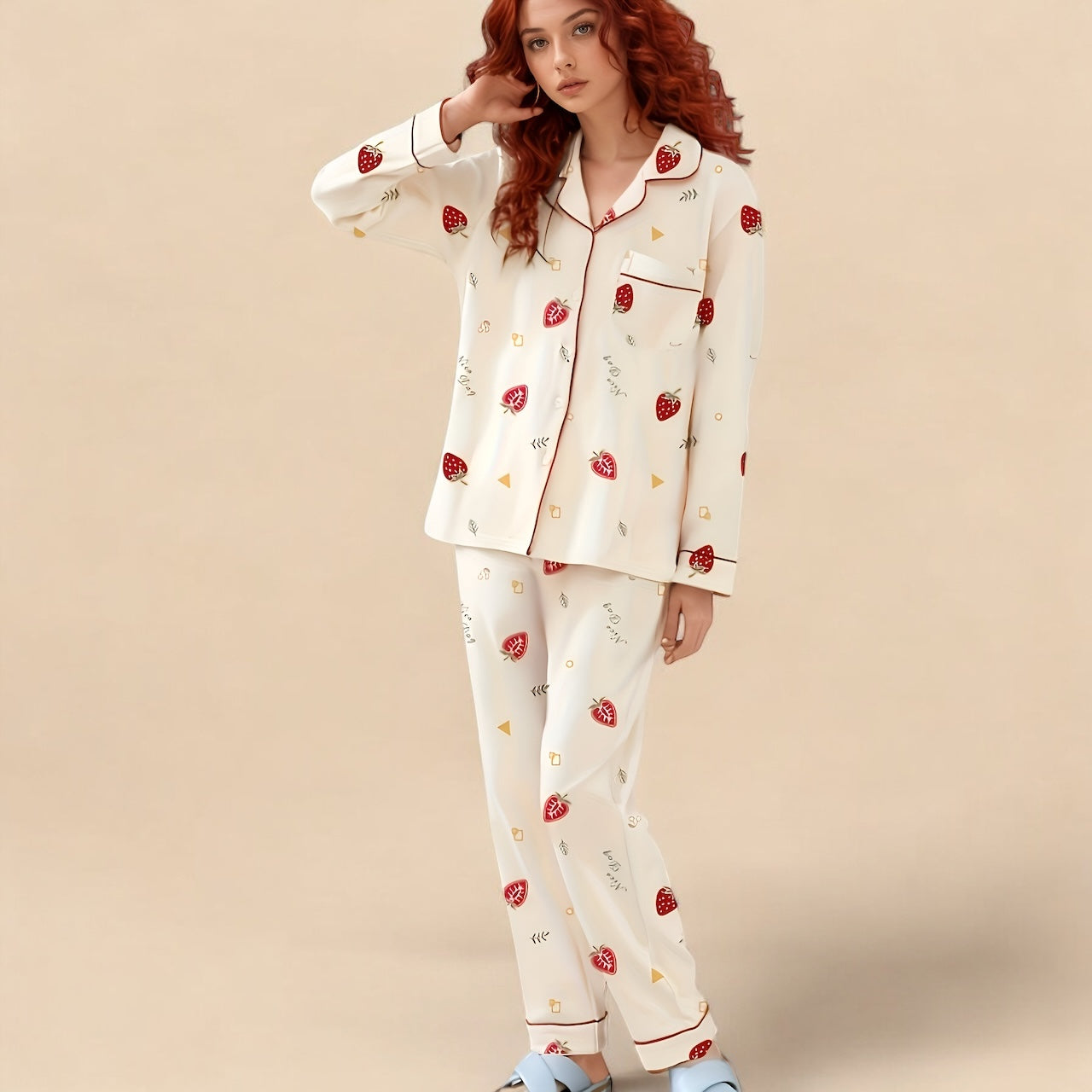 Pyjama femme en coton imprimé fraises – Ensemble