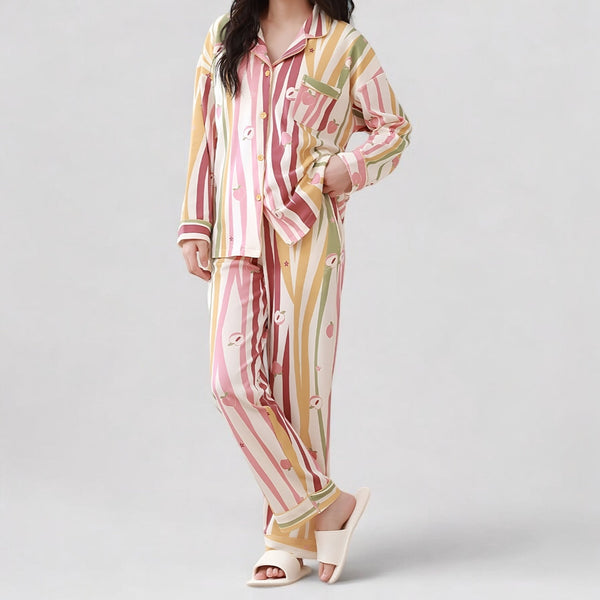 Pyjama femme en coton léger à motifs colorés – Ensemble manches longues