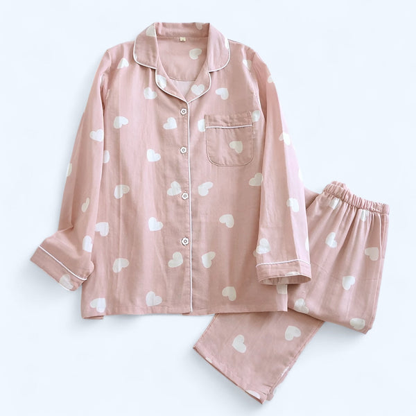 Pyjama femme en coton rose à motifs cœurs