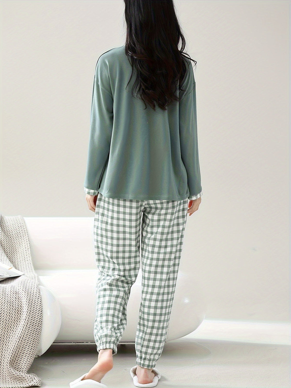 Pyjama femme en coton vert à carreaux