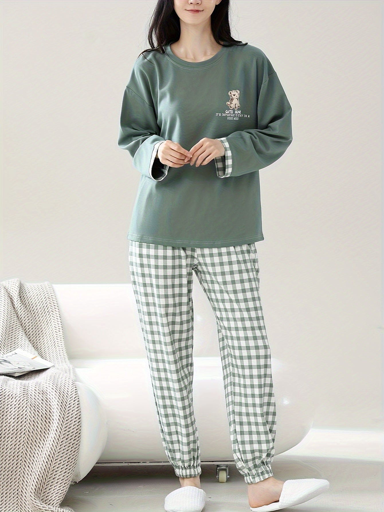 Pyjama femme en coton vert à carreaux