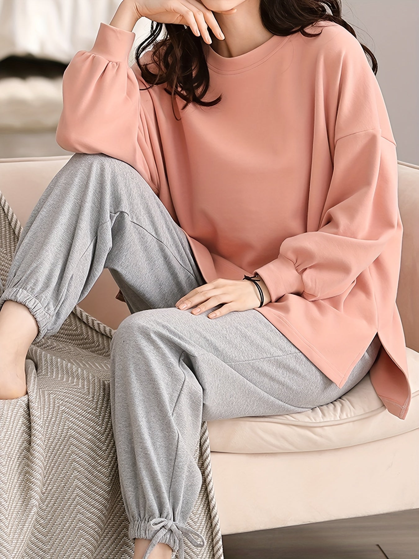 Pyjama femme oversize en coton rose et gris à manches