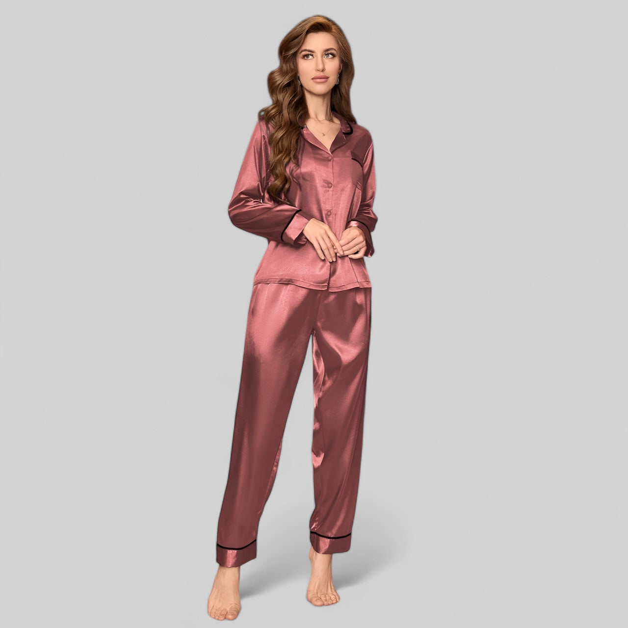 Pyjama femme satin rose élégant – Col à revers manches