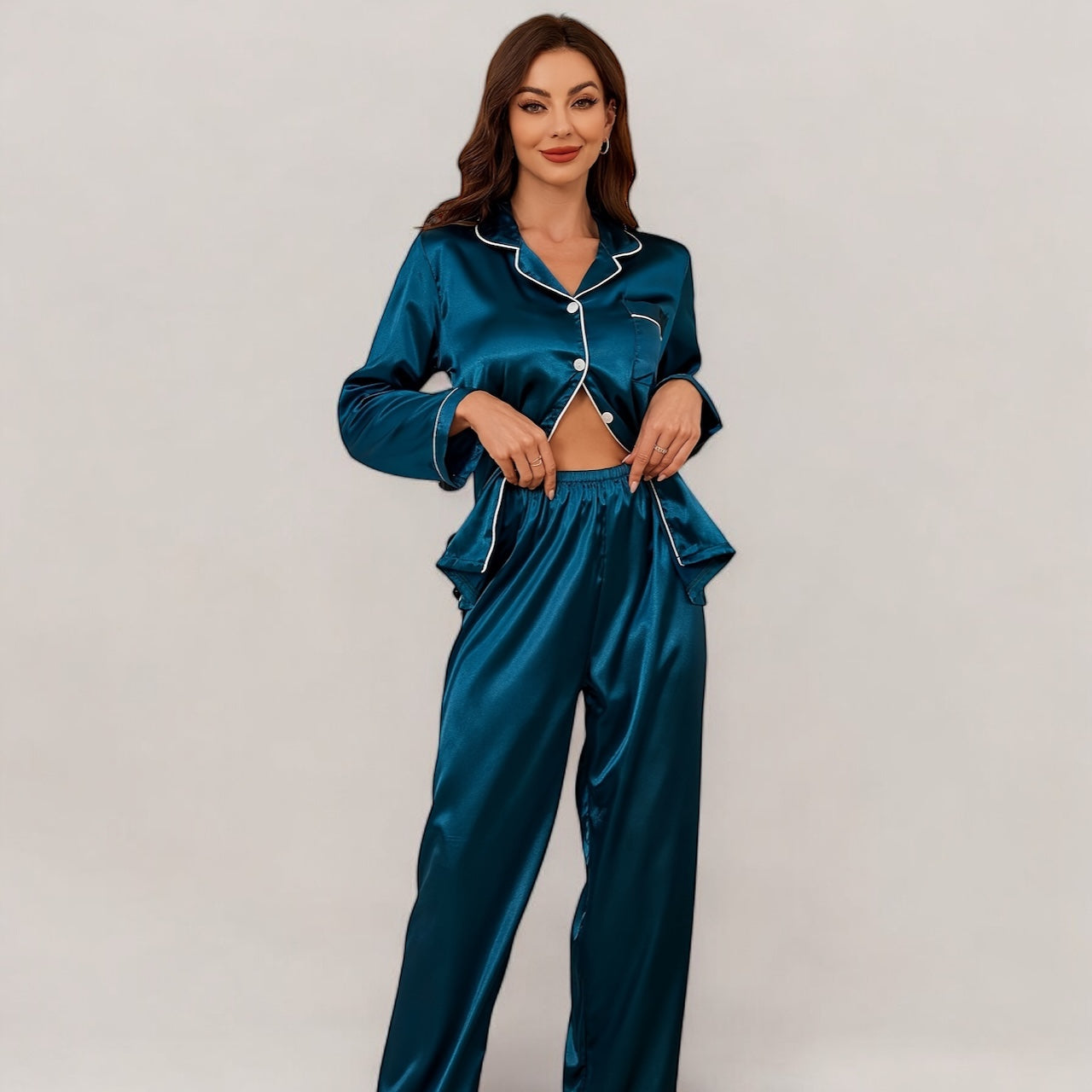 Pyjama satin bleu femme - Ensemble manches longues avec col