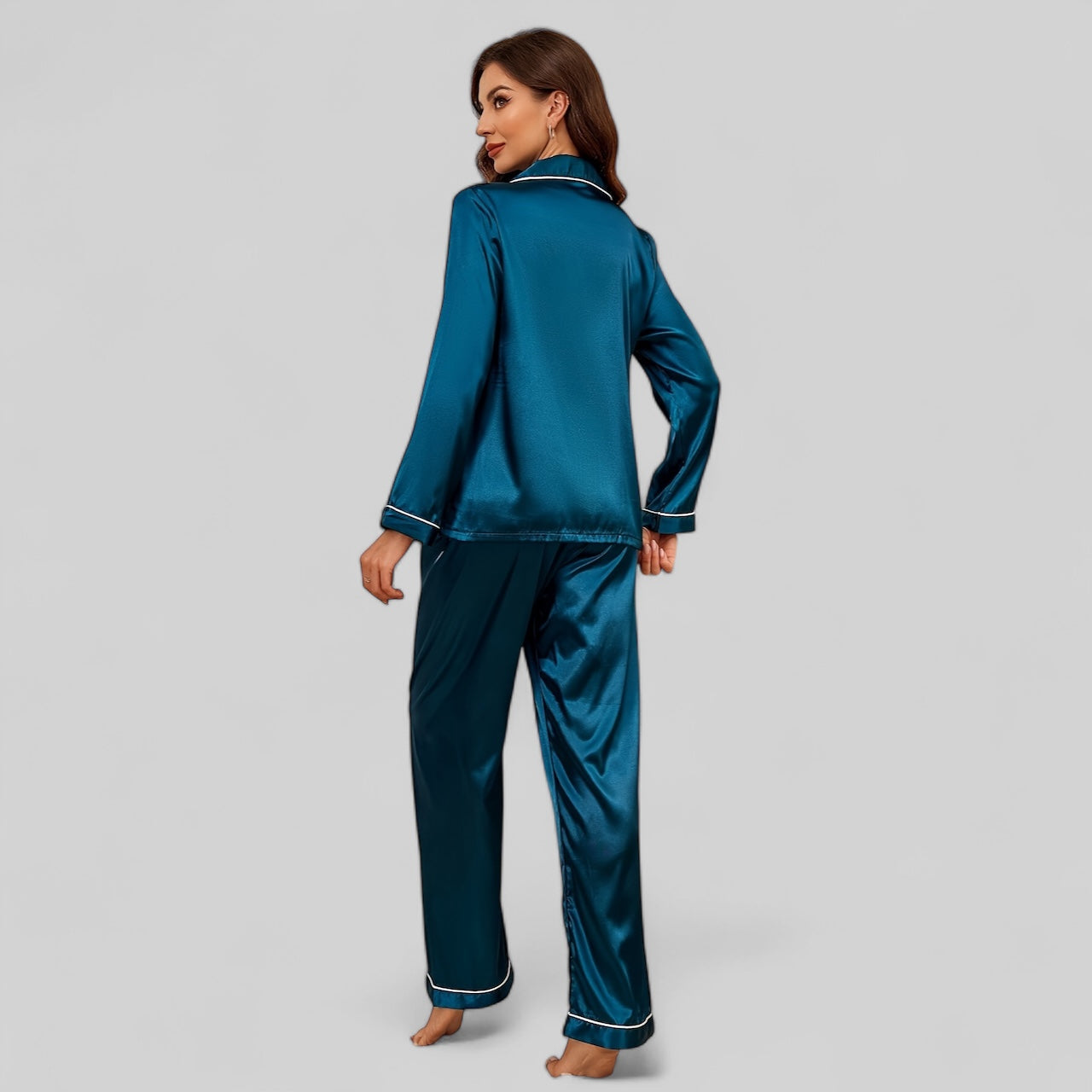 Pyjama satin bleu femme - Ensemble manches longues avec col