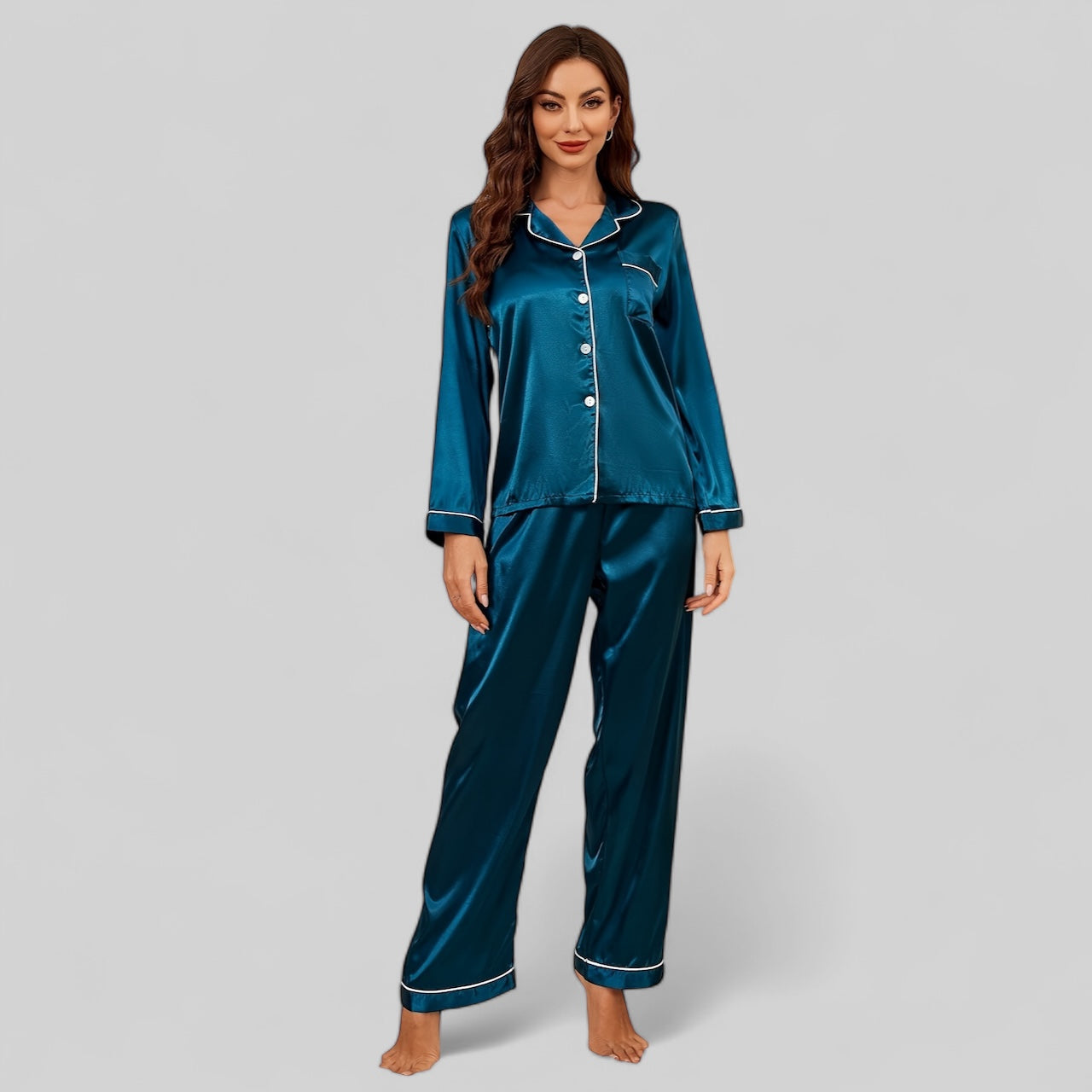 Pyjama satin bleu femme - Ensemble manches longues avec col