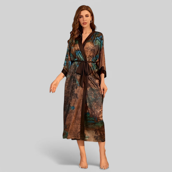 Robe de chambre en satin style chinois avec ceinture élégante pour femme