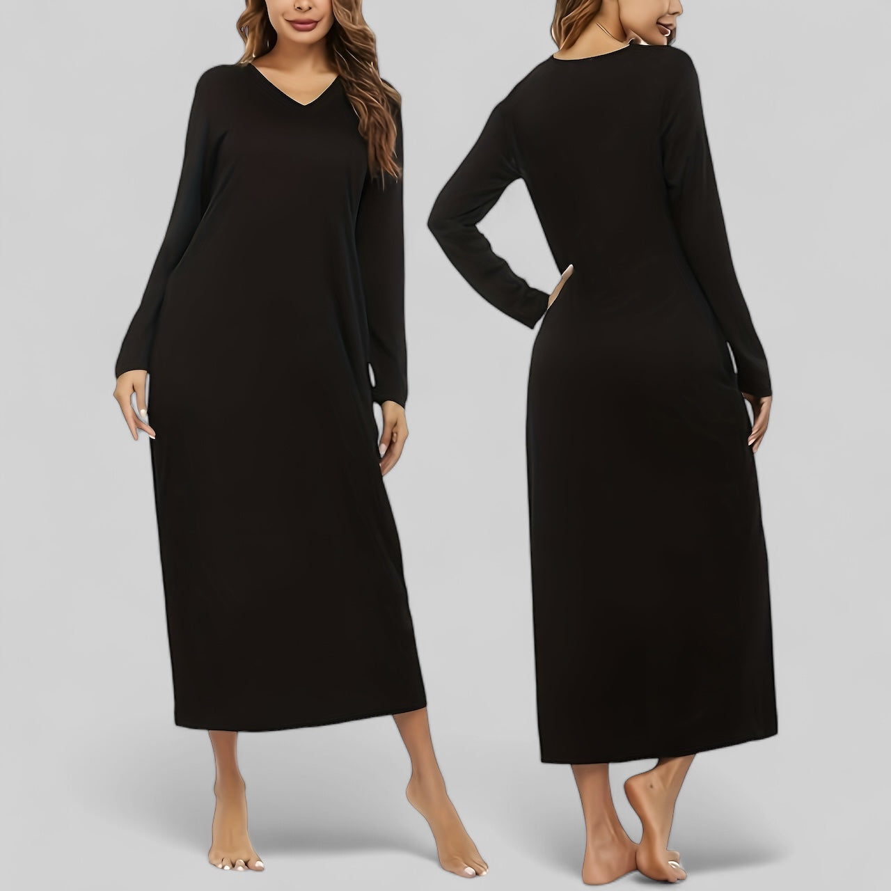 Robe de nuit longue à manches longues avec col en V